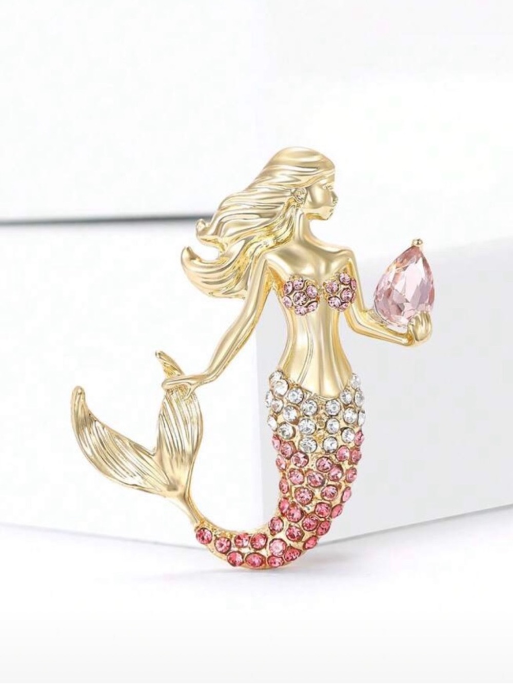 Gold and Pink Mermaid Brooch Pin with Pink Crystal Accent